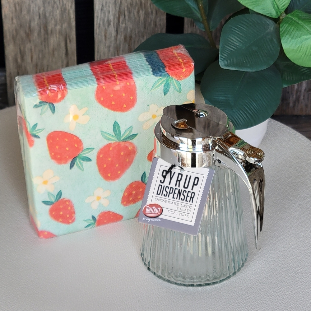 NWT Tablecraft Glass Syrup Dispenser with Silver Lid & STRAWBERRY Napkins